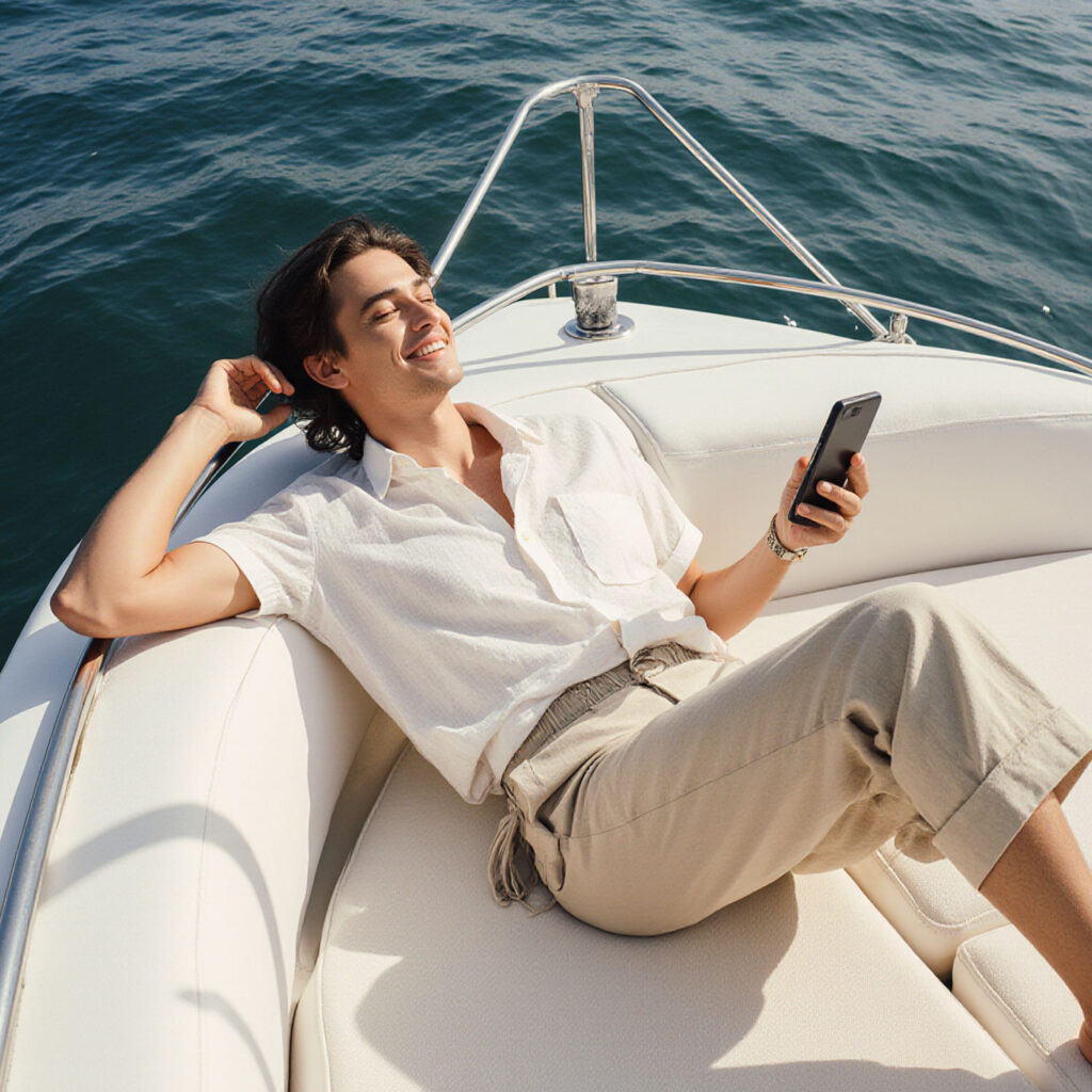 Man relaxing on a yacht using his phone representing premium Sudsies dry cleaning service
