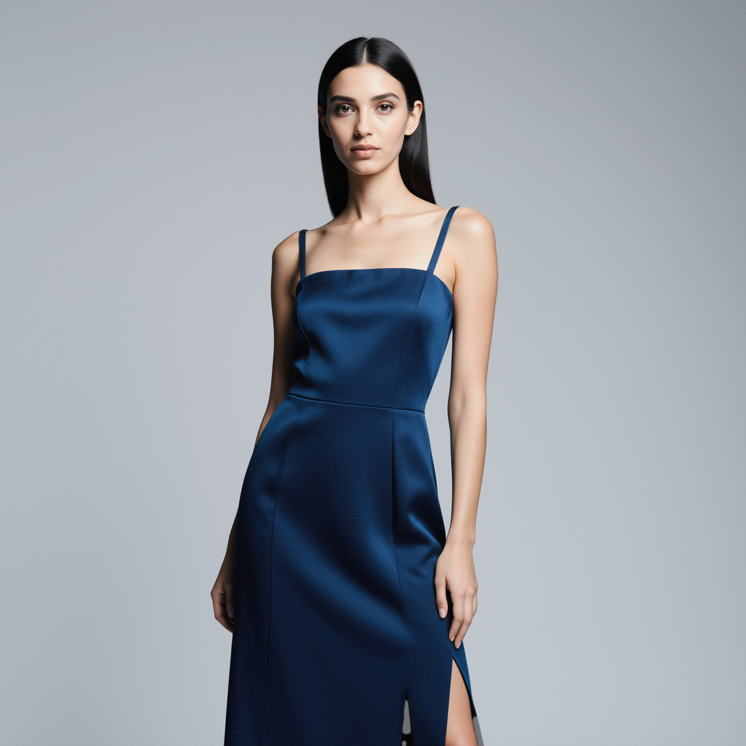 Woman in elegant navy evening dress representing luxury dry cleaning near Seven Isles