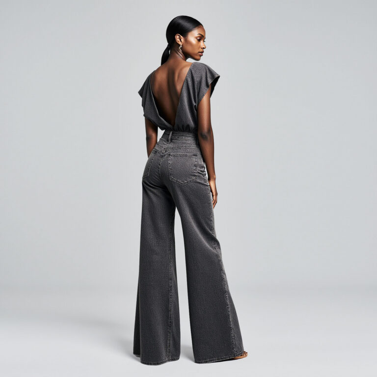 Woman in modern open-back top and tailored wide-leg trousers representing luxury dry cleaning near Downtown Miami