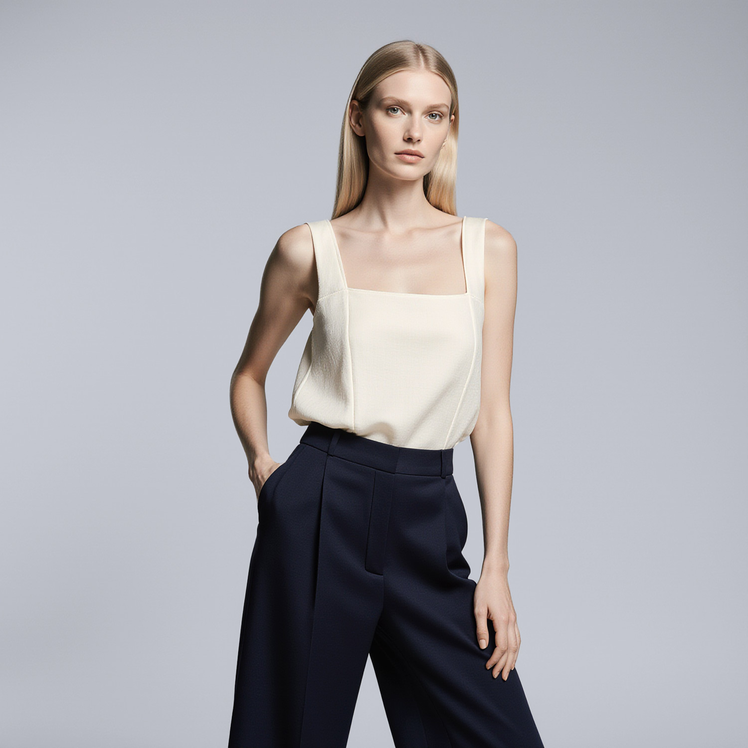 Woman in elegant sleeveless blouse and tailored trousers representing luxury dry cleaning near Fort Lauderdale