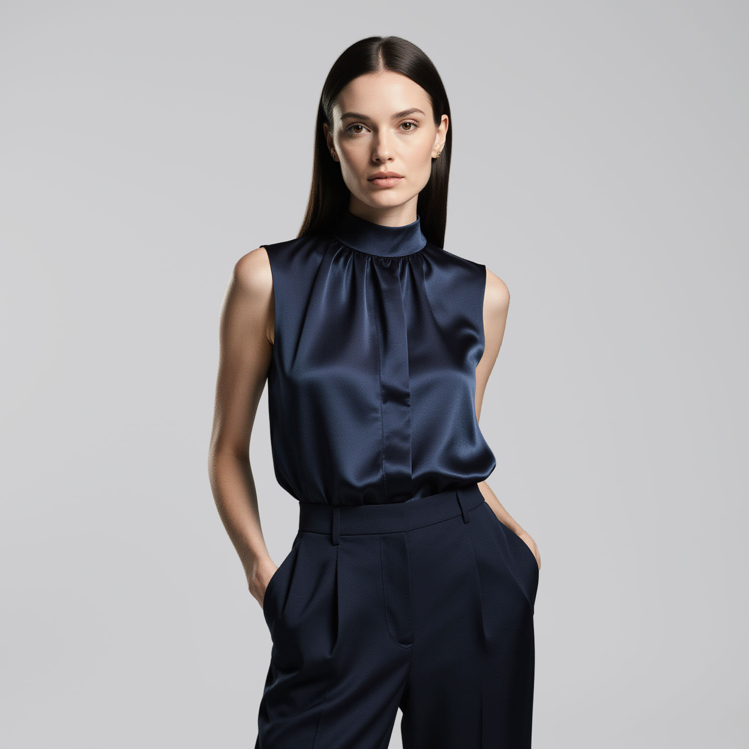 Woman in elegant navy silk ensemble representing luxury dry cleaning near Golden Beach