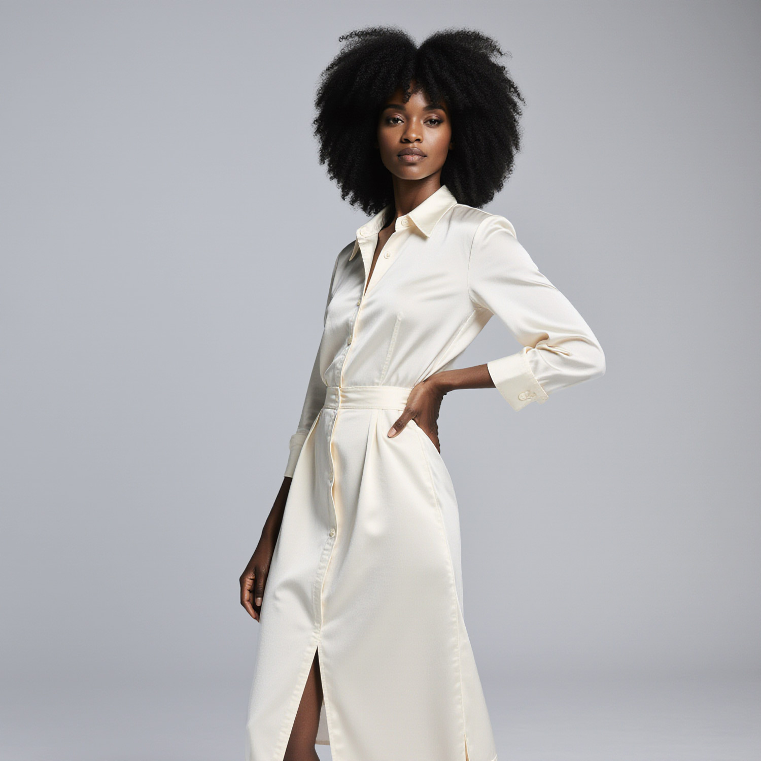 Woman in elegant navy evening dress representing luxury dry cleaning near Seven Isles