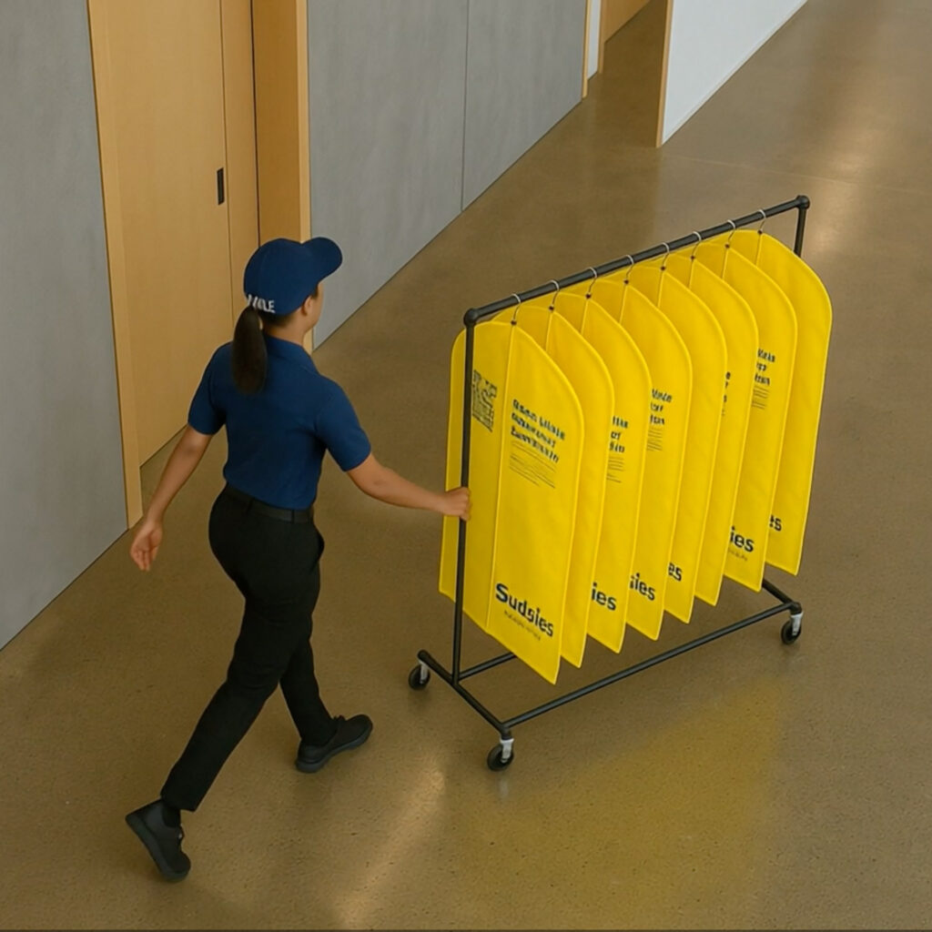 Sudsies garment care valet transporting yellow garment bags for professional dry cleaning service