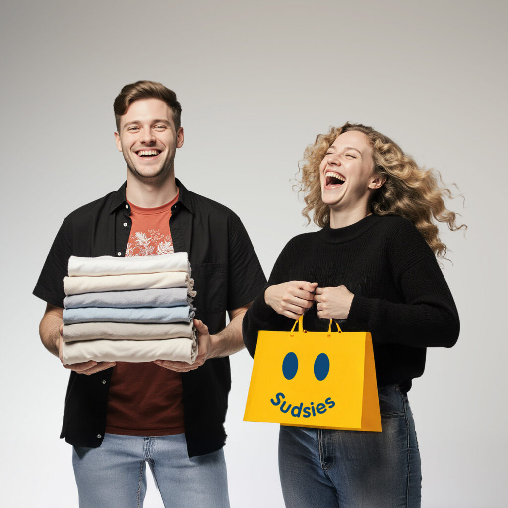 Smiling couple holding freshly folded laundry and a Sudsies garment care bag